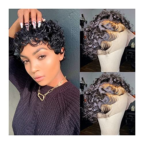 Perücken Pixie Cut Lace Front Echthaarperücken Schwarze kurze lockige brasilianische Remy-Haar-Spitze-Perücken mit Babyhaar Natural Fashion Perücken for schwarze Frauen Damenperücke(Size:130%,Color:10