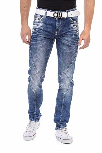 Cipo & Baxx Herren Jeanshose Straight Fit, Regular Denim Pants im Kontrastnaht, Hoher Baumwolle Jean Hose für Männer mit trendigen Ziernähten, Casual-Look Klamotten für Herren, CD695, Blau, W38 L32