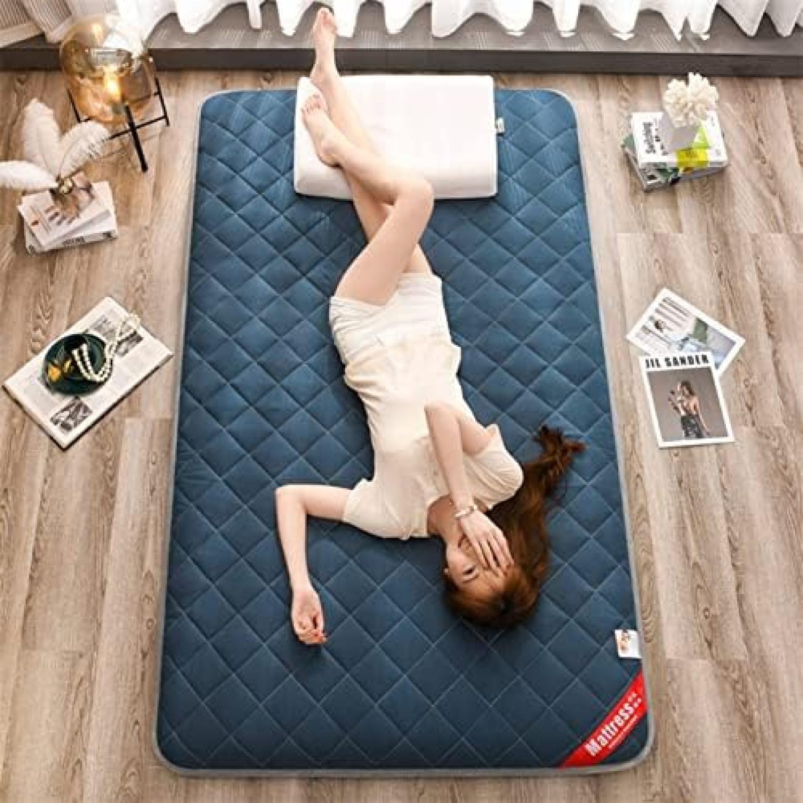 Japanische Tatami-Bodenmatte, Schlafbett, faltbar, Futon-Matratzenauflage, bequem, tragbar, zusammenklappbar, Gästematratze, Blau, 1,5 x 2,0 m