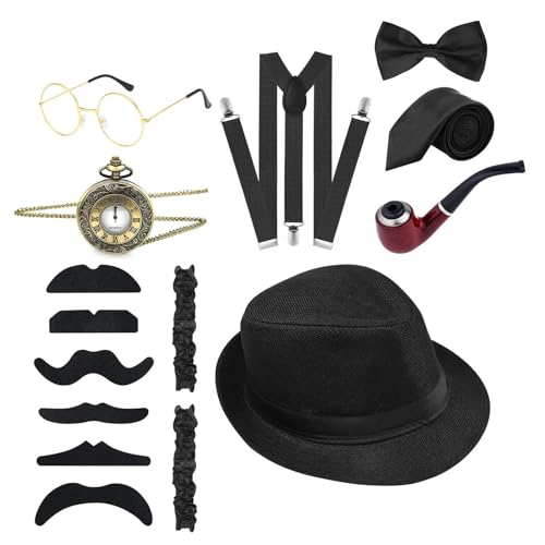 MEELYHOME Modisches Gangster-Kostüm, 1920er-Jahre-Rollenspiel-Kostüm, Outfit mit Taschenuhr, Schnurrbärte, Fliege, Abschlussball, Partyzubehör, Hochzeitszubehör