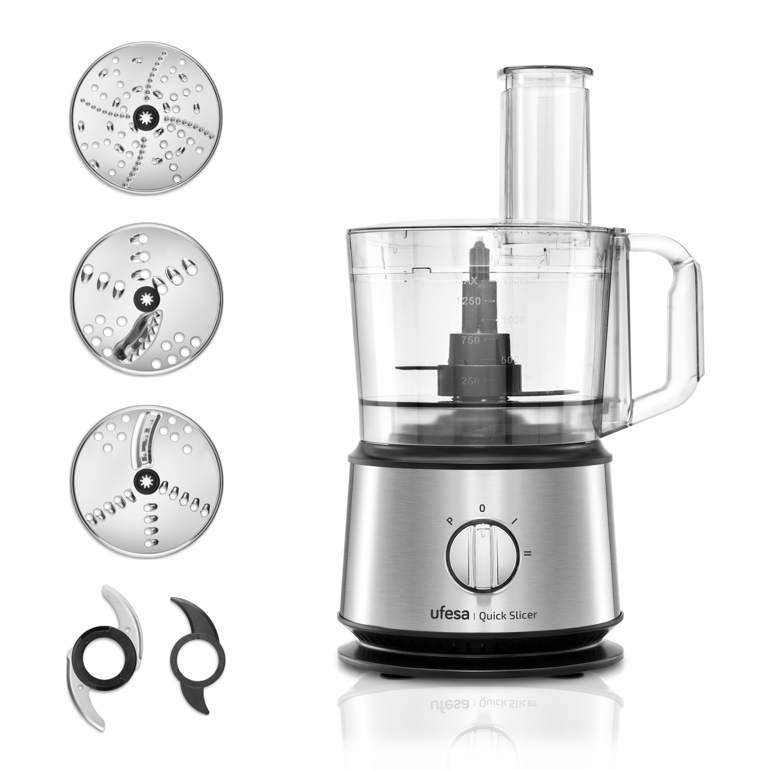 Ufesa Quick Slicer Processor Multifunktions-Foodprozessor 10-in-1, 1200W, 1,5L Fassungsvermögen, Edelstahlgehäuse, x3 Doppelseitige Scheiben, x1 Schneidemesser, x1 Rührlöffel