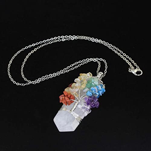 Natürlicher Kristall 7 Chakra Baum des Lebens Draht umwickelter Rosenquarz Amethyste Heilendes spitzes Schwert facettierte Anhängerhalskette, weißer Kristall, 50 cm