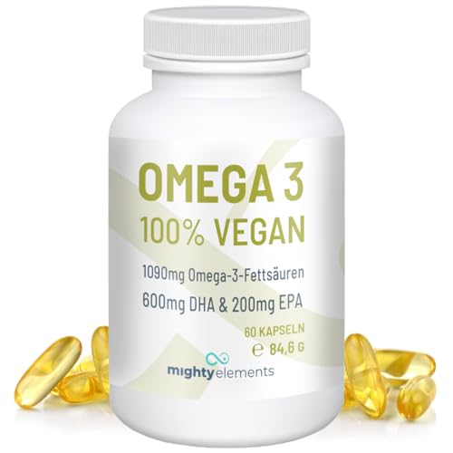 Mighty Elements Omega 3 Kapseln VEGAN - 60 Kapseln aus Algenöl 600mg DHA und 200mg EPA - hochdosiert, Laborgeprüft, 2 Kapseln pro Tag, Herzfunktion und Sehkraft