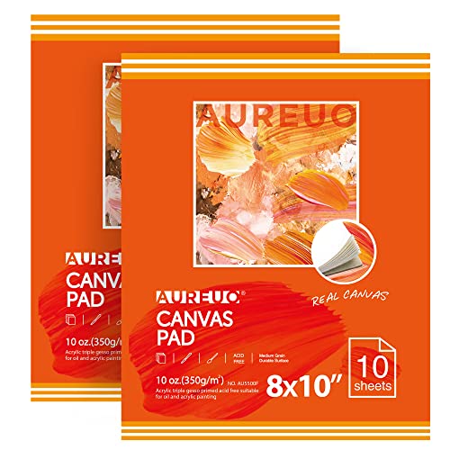 AUREUO Leinwandblock zum Malen, 10 Blatt, 284 g, 20,3 x 25,4 cm, 2 Stück – dreifach grundiertes, klebstoffgebundenes Baumwoll-Leinwandpapier für Öl- und Acrylfarben, Kunstbedarf für gemischte Medien