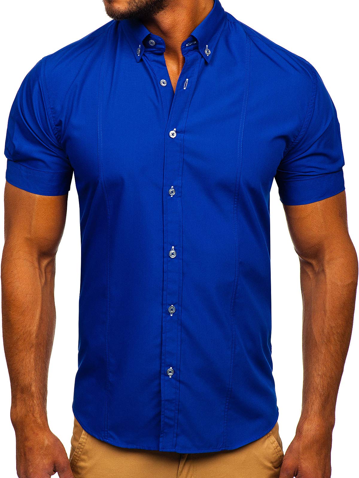 BOLF Herren Hemd Kurzarm Sommerhemd Figurbetont Bügelleicht Baumwollmischung Unifarben Basic Slim Fit 5535 Mittelblau XL [2B2]