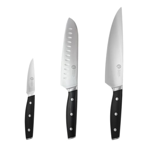 MasterChef Kochmesser Profi Messer aus Kohlenstoffreichem Edelstahl, aus Koch Messer, Santoku Messer & Gemüsemesser, Dreifach Vernieteter Griff, mit Stahl Kropf, Vollzapfen, Superscharf, 3-teilig