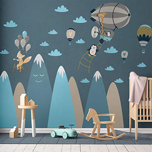 Wandaufkleber, selbstklebend, für Kinder, Riesen-Dekoration, skandinavische Berge für Kinderzimmer, Baby/Tiere auf Reisen, 65 x 120 cm