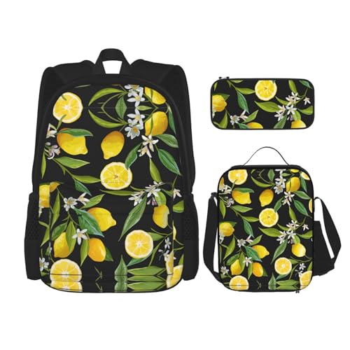 WURTON Lunchbox, Federmäppchen, Rucksack-Set, 3-teilig, verstellbare Riemen, langlebig, leicht, Schwarz, One Size