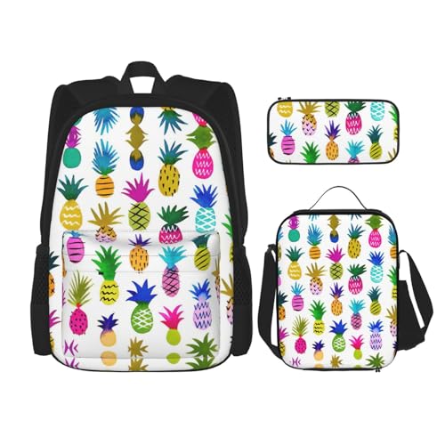 WURTON Rucksack-Set mit verstellbaren Schulterriemen, Regenbogen-Ananas-Druck, Lunch-Tasche, Federmäppchen, Kombinationstaschen-Set