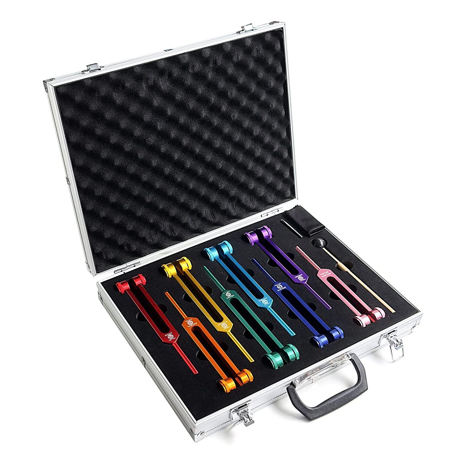 Bdfhjln Chakra-Stimmgabel-Set für Heilung, Klangtherapie, KöRperhaltung, mit Gummihammer, SchraubenschlüSsel, Reinigungstuch und Aluminiumbox