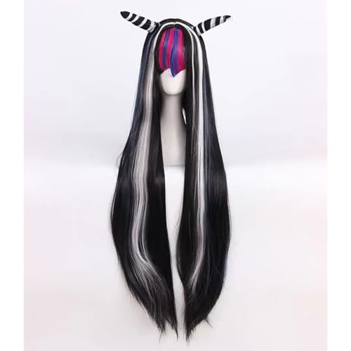 WCCNKK Danganronpa Mioda Ibuki Cosplay Perücke Rot-Schwarz-Blaues Langes Glattes Haar Comic Rollenspielperücken + Perücke Kappe, Geeignet Für Halloween-Party, Nachtleben, Anime-Geschenk