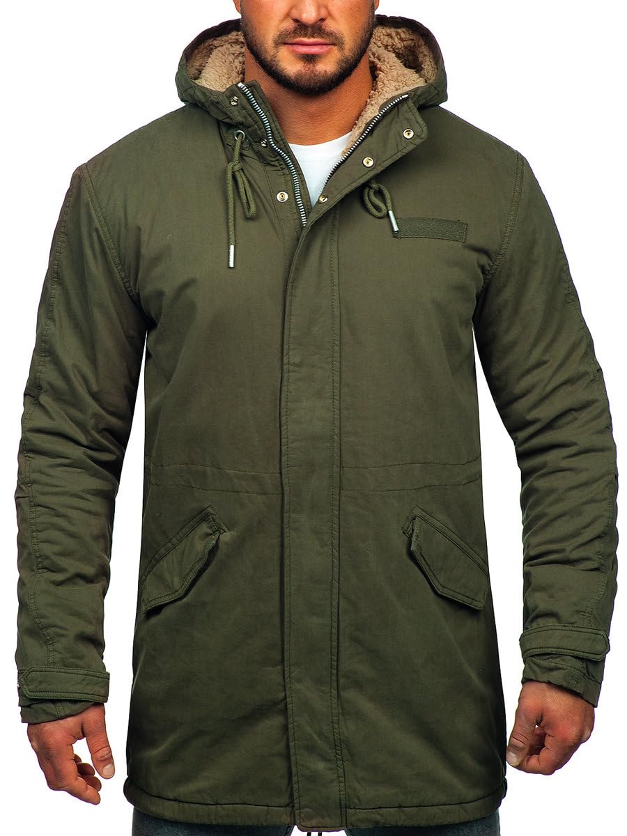 BOLF Herren Parka Jacke Winterjacke Gefüttert mit Kapuze Wintermantel Kapuzenjacke Lang Wärm Winter Herbst Freizeit Outdoor Casual Style EX838A Khaki M [4D4]