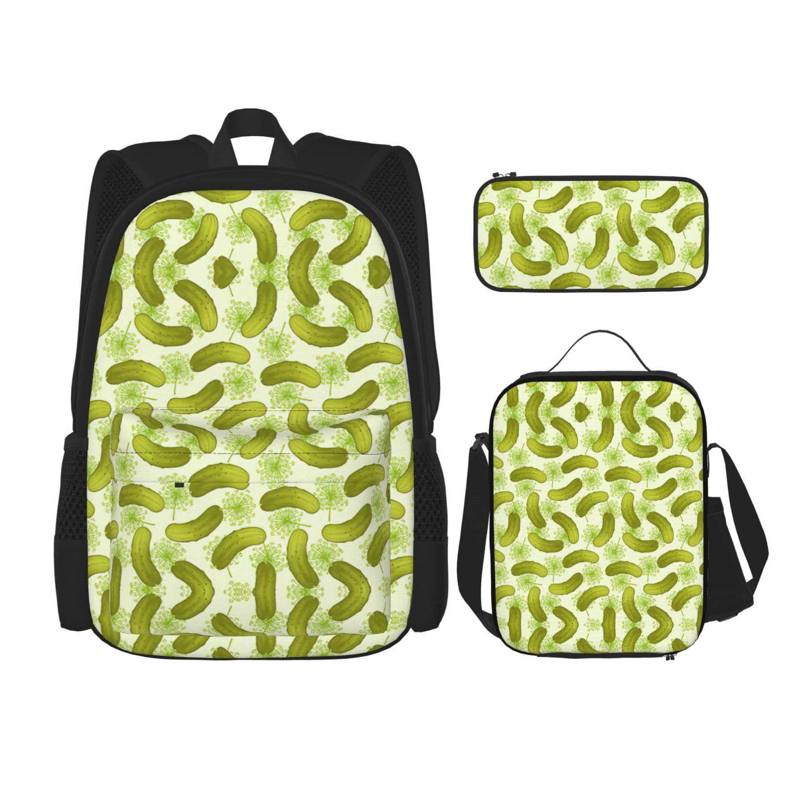 WURTON Sushi Dill Pickles Print Trendy Rucksack Taschen Lunchbox und Federmäppchen 3-in-1 verstellbares Rucksack-Set, Schwarz , Einheitsgröße