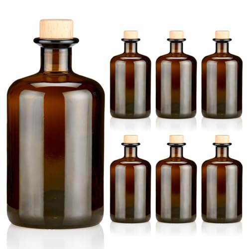 6x Apothekerflaschen braun 500ml leer Holzkorken natur, elegante Braunglas Flaschen schwarz antik für Öl, Gin, Kräuter Schnaps od. als Geschenk 0,5L Glasflaschen