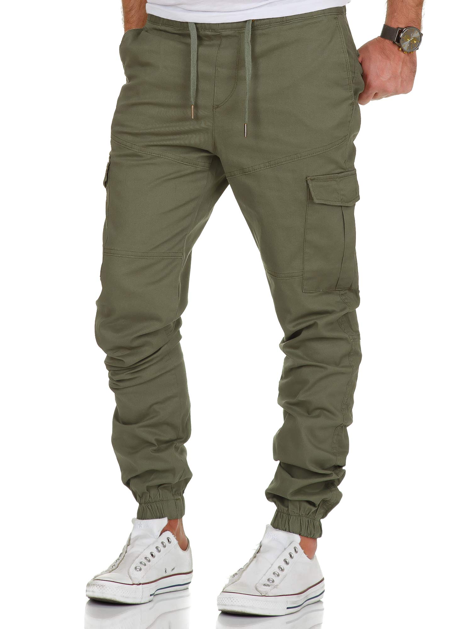 Amaci&Sons Herren Stretch Jogger Cargo Chino Jeans Hose 7006 Olive W31