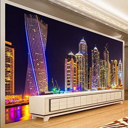 XLMING Stadtbildthemen Dubai Stadt Nachtlicht Küche Esszimmer Arbeitszimmer Wohnzimmer TV Hintergrund Wand 3D Tapete-350cm×256cm