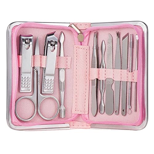 SCRUBY Nagelknipser, professionelles Pflegeset, Pediküre-Set, Nagelschneider, Werkzeuge mit luxuriösem Reiseetui, Maniküre, Schere, Make-up (11 Stück, Rosa)