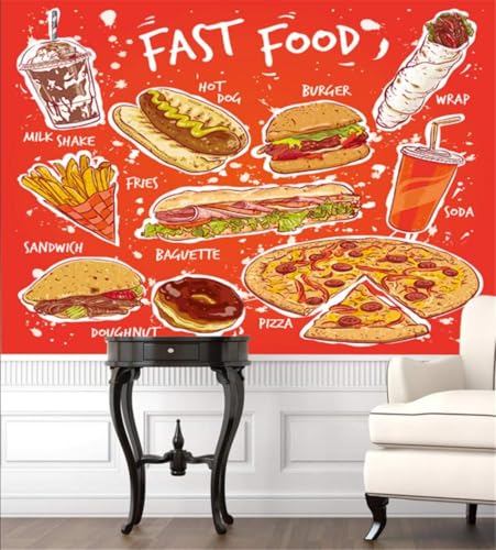 Lebensmittel Hamburger Pizza Pommes Frites 3D Tapete Poster Restaurant Schlafzimmer Wohnzimmer Sofa TV Dekorative Wand-200cm×140cm