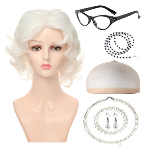 Aurgiarme 100 Tage Der Schule Alte Dame Perücken Kostüm Perücken Brille Halskette Alte Dame Cosplays Set Für Halloween Dress Up Party