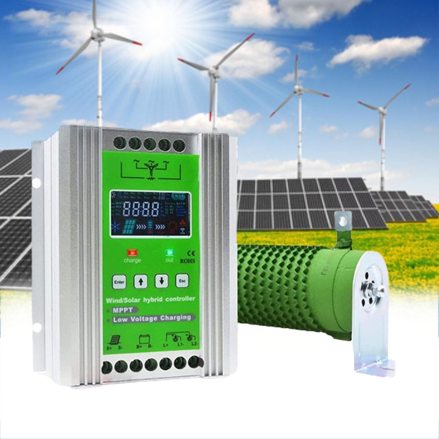 GLBMXDD 2700 W Wind-Solar-Hybrid-Laderegler mit Dump Load für max. 1500 W Windturbinengenerator, 1200 W Solarpanel, 12 V/24 V Batterie, automatische MPPT-Ladeverstärkung, Laderegler,2000W