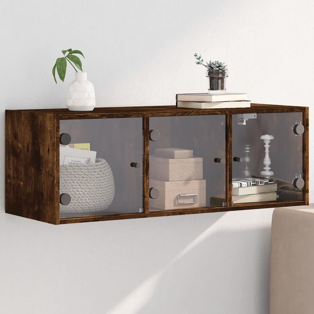 KLYEON Wandschrank mit Glastüren Räuchereiche 102x37x35 cm,Stylischer Hängeschrank aus Räuchereiche mit Glastüren für zusätzlichen Stauraum und DesignEffekt Aufbewahrungsschränke & Schließfächer