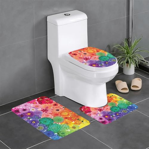 Wurton Badteppich-Set mit Regenbogen-Blumen, Polyester, stilvoll, funktional, 3 Stück