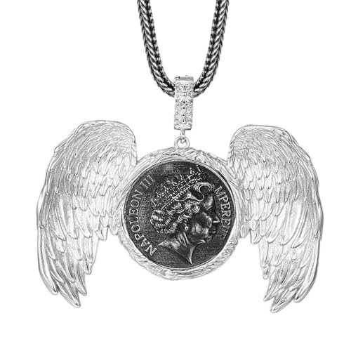 VOYADE S925 Sterling Silber Menschliches Gesicht Flügel Anhänger, Männer Und Frauen Paar Engel Flügel Anhänger Halskette,Silber,Pendant + Chain 60cm