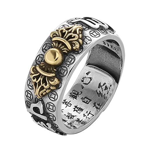 NOURIS Glücksring, Feng Shui Pixiu Mantra Ring S925 Silber Buddhistisches Glücksamulett Mantra Doppelter Schutz Reichtum Liebe Gesundheit Ring Geschenk for Männer Frauen, Gold, verstellbar