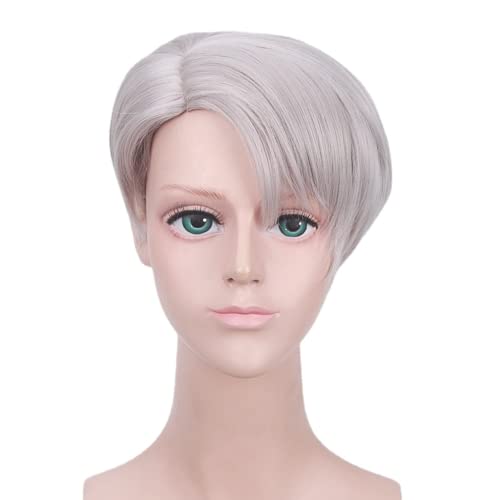 LINLINCD-Anime Coser Anime Cosplay Perücke Yuri!!!on Ice Victor Nikiforov silbergraues kurzes glattes Haar mit Perückenkappe for Halloween Party Karneval Nachtleben Konzerte