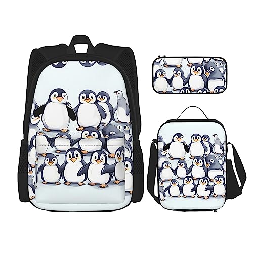 WURTON Many Cute Baby Penguins Sketch Print Travel Lunch Box Pencil Case Backpack Set 3 Pieces Adjustable Straps Lightweight, Black, One Size, Schwarz, One Size