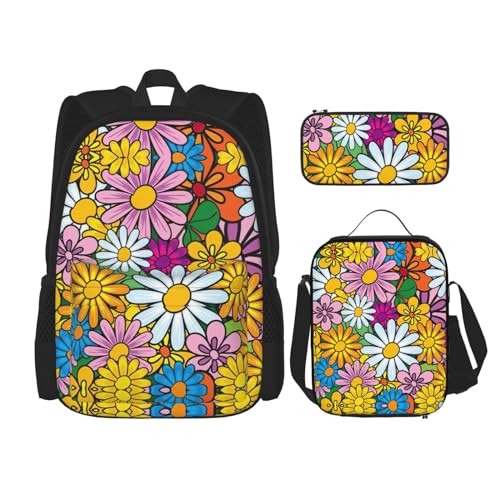 WURTON Rucksack mit niedlichem Cartoon-Blumendruck, 3-in-1-Büchertaschen-Set, Lunchbox, Federmäppchen, Reise-Laptop-Tagesrucksäcke, Schwarz, Einheitsgröße