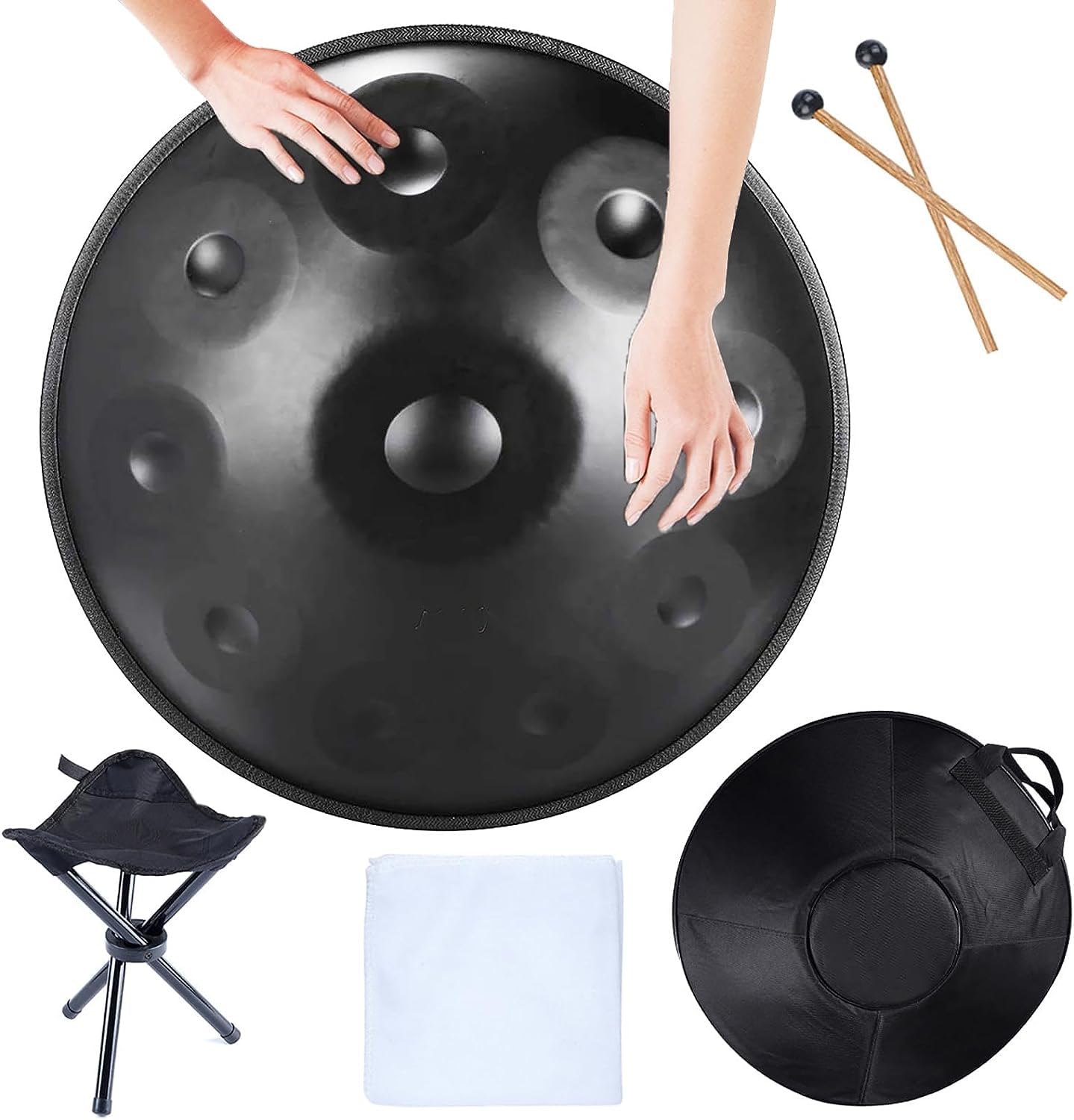 9/10/12 Hinweis Handpfannentrommel, 22 Zoll in d-Moll Handtrommel, Steel Drum Percussion mit Handpan-Ständer und weiche Handpan-Tasche, Handtrommel aus Stahl für Erwachsene,Schwarz,10 Notes