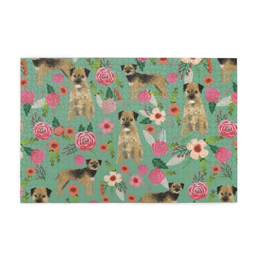 Hunderasse Border Terrier mit Blumenmuster, Puzzles 1000 Teile Holzpuzzle Spielzeug Familienspiel Wanddekoration