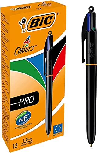 BIC 4 Colours Pro, 12er Set, 4-Farb-Druckkugelschreiber, Rot, Blau, Schwarz, Grün, Ideal fürs Büro