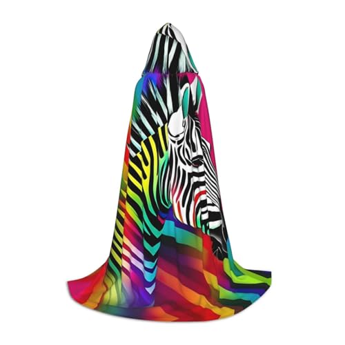 WURTON Farbenfroher Regenbogen-Zebra-Druck, Halloween-Kapuzenumhang, Renaissance, Gothic, Umhang für Cosplay, Kapuzenumhang, Unisex