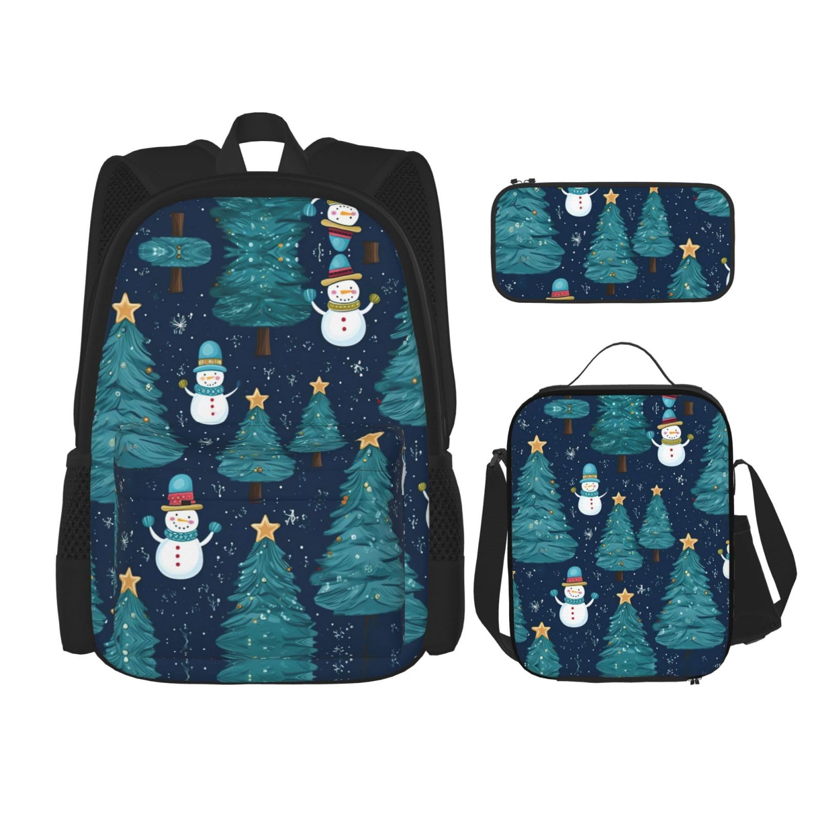 WURTON Weihnachts-Lunchbox mit Schneemann-Druck, Federmäppchen, Rucksack-Set, 3-teilig, verstellbare Riemen, langlebig, leicht, Schwarz, One Size