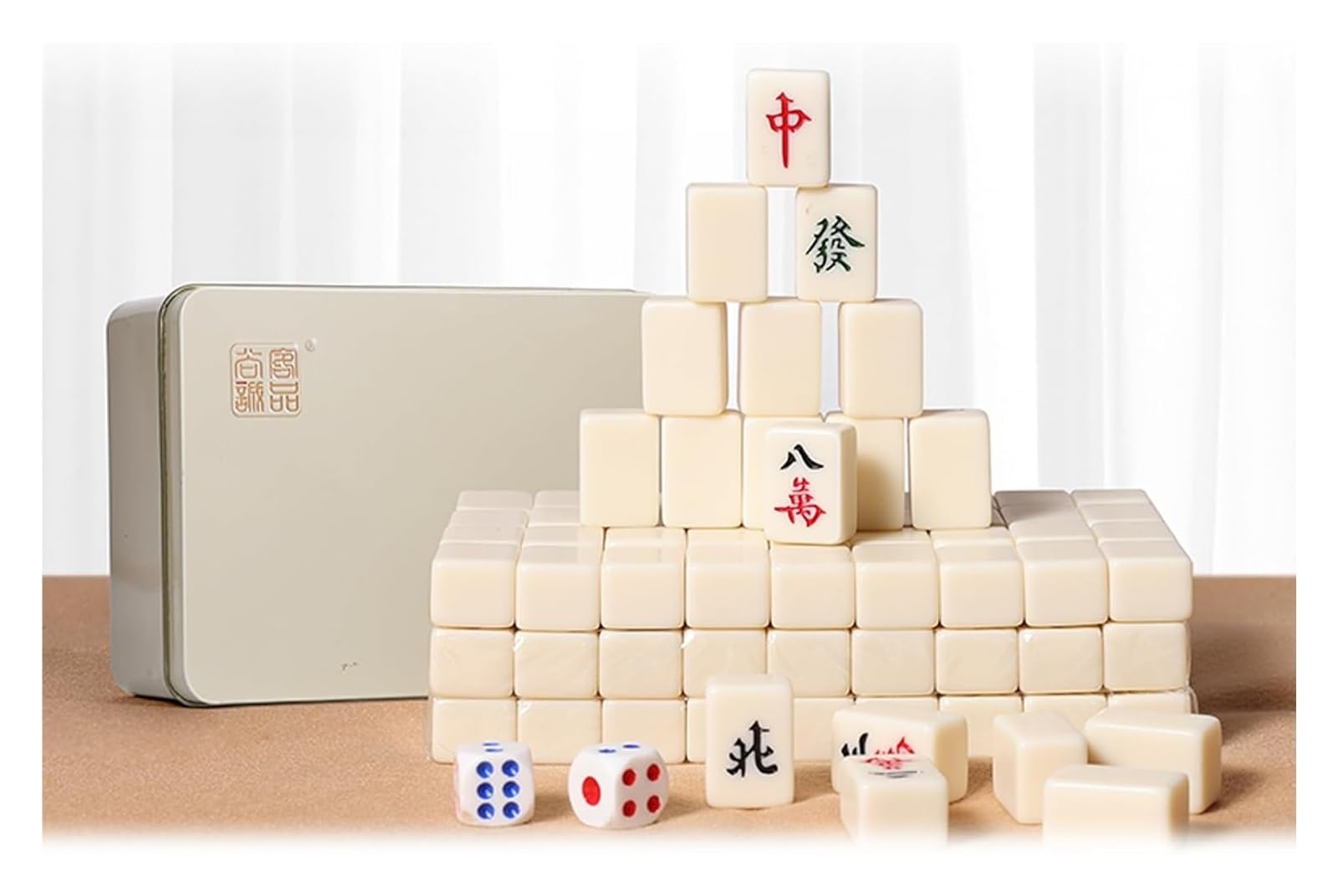 BFVAKBKYT Chinesisch Majong Set, Chinesische Mini-Daumen-Mahjong-Steine*144, massives Melamin, mit tragbarer Aufbewahrungsbox aus Metall + Tischdecke + 2 Würfel + 4 Steinboxen,(Ivory)