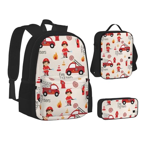 WURTON Lunchbox-Set, Motiv: Kleine Jungen und Mädchen in Feuerwehrleuten, 3-in-1-Büchertasche und Federmäppchen, passende Kombination, Schwarz, Einheitsgröße