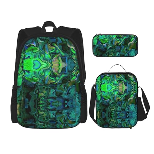 WURTON Abalone Schulrucksack-Set mit Perlmuttdruck, 3-in-1-Büchertaschen-Set mit Lunchbox, Federmäppchen, Reise-Laptop-Tagesrucksäcke