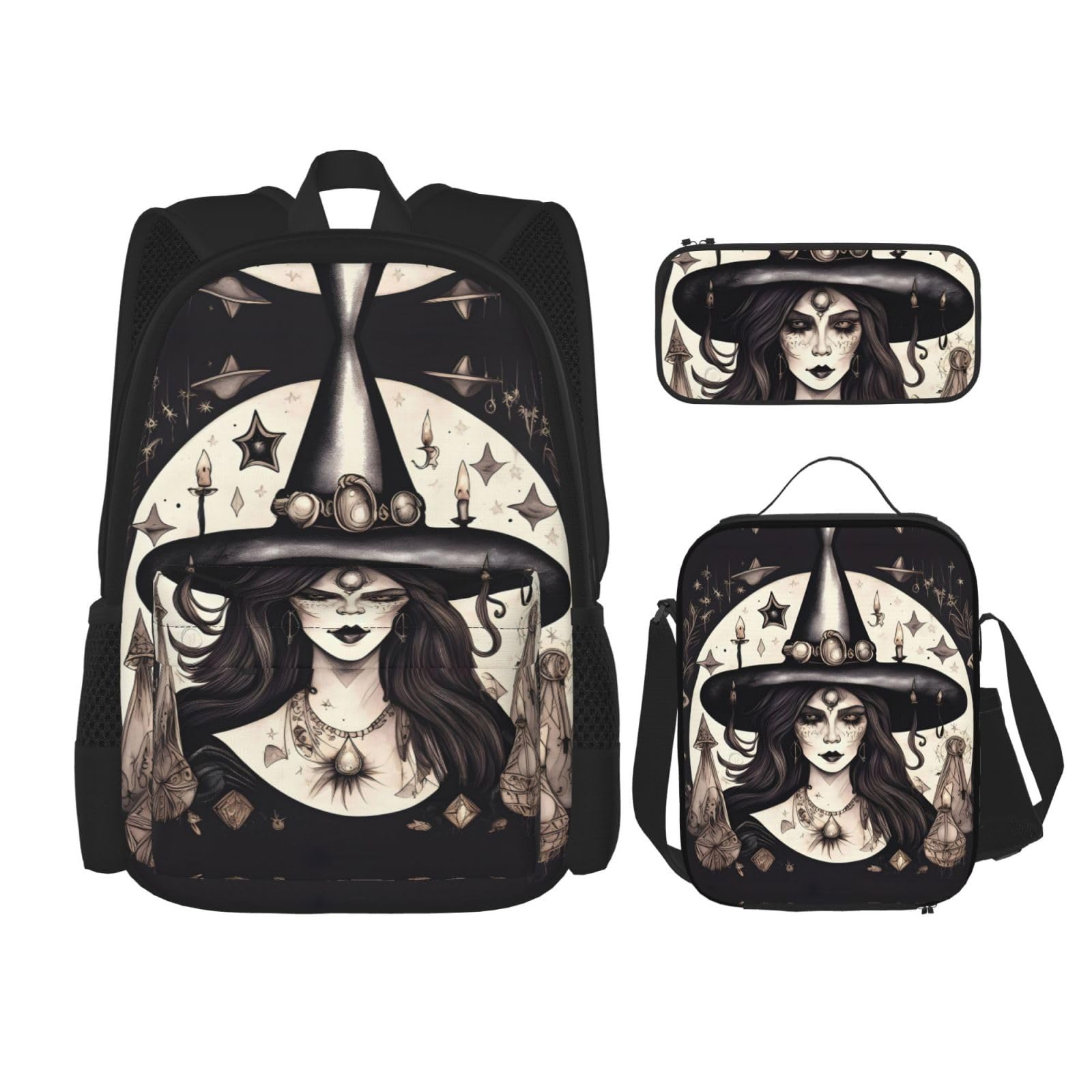 WURTON Magic Witch Witchcraft Bohemian Print Travel Lunch Box Pencil Case Backpack Set 3 Pieces Adjustable Straps Lightweight, Schwarz, Einheitsgröße