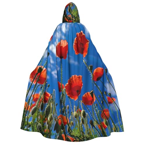 WURTON Mohnblumen auf blauem Himmel, Unisex, Kapuzenumhang für Halloween, Karneval, Vampir, Cosplay, Umhang mit Kapuze