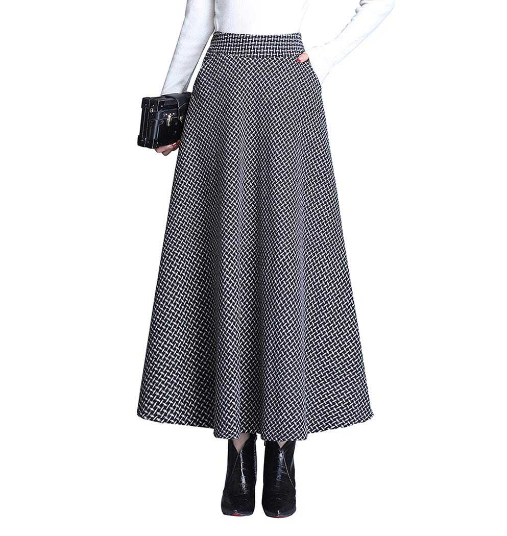 Damen Lang Rock Winter Warm Wollrock Vintage Elegante Gitter Rock Casual Winterrock Elastische Taille A-Linie Midi Rock Hohe Taille Rock Faltenrock Schwarz-XXL