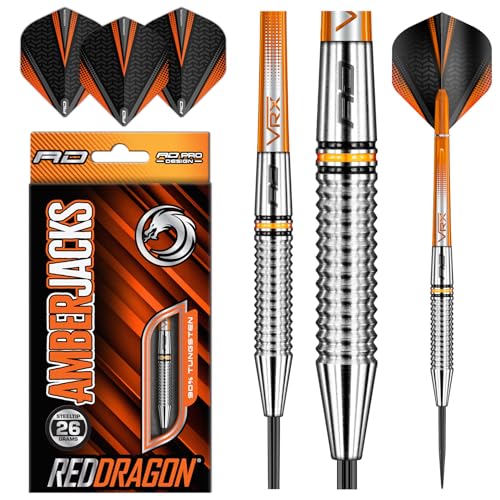 RED DRAGON Amberjack 17:Steel Dartpfeile 26 Gramm Profi Steeldarts Set, 3 x Steel Darts mit Flights und Schäfte