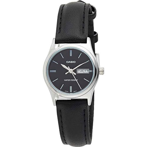 Casio LTP-V006L-1B2 Women's Black Leather Band Black Dial Day Date Analog Dress Watch