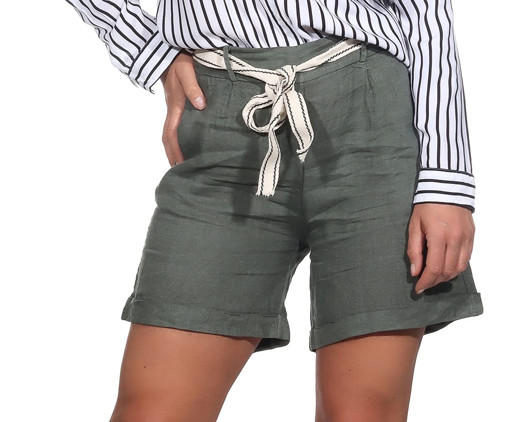 Mississhop 357 Damen Leinenshorts Bermuda lockere Kurze Hose Freizeithose 100% Leinen Shorts mit Gürtel Sommer Strand Oliv