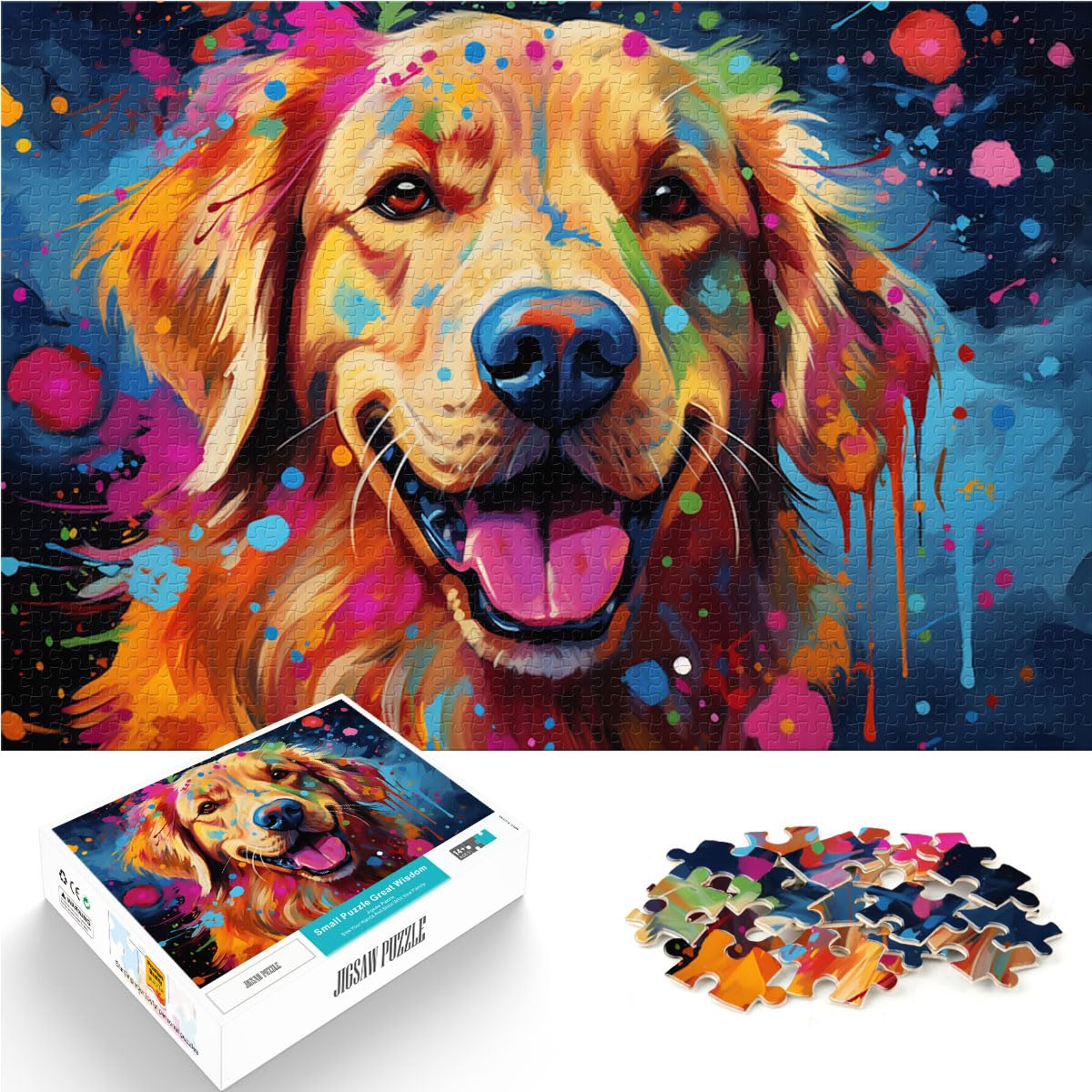 Puzzles zum Verschenken, farbenfrohe Psychedelie der Golden Retriever, 1000-teiliges Puzzlespiel, Holzpuzzle, anspruchsvolles Spiel, 1000 Teile (50 x 75 cm)