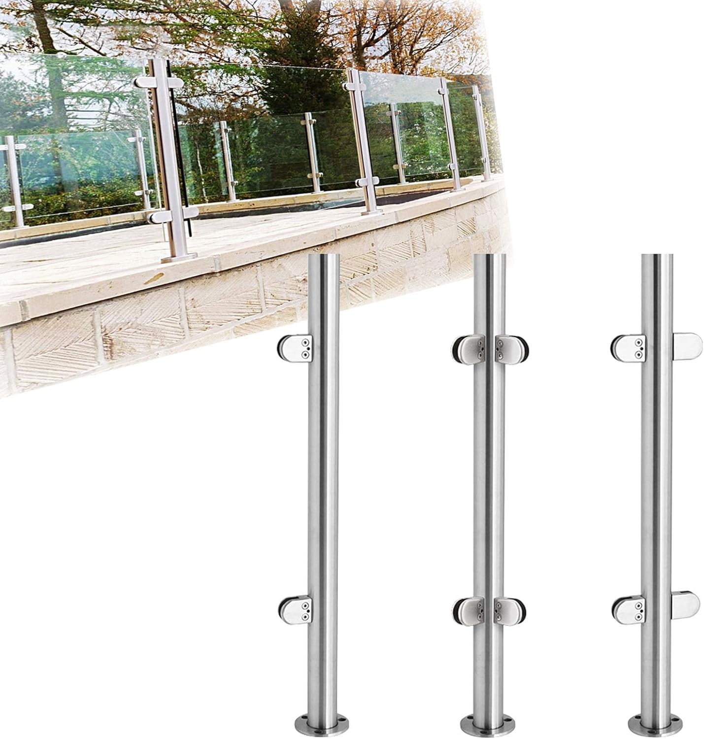 Glasbalustradenpfosten hoch 110 cm/90 cm für 10 mm/12 mm Glas, Außengeländerpfosten aus Edelstahl für den Innenbereich, mit Glasklemmen und Gummi-Set, B, Eckpfosten 90 cm/35 Zoll