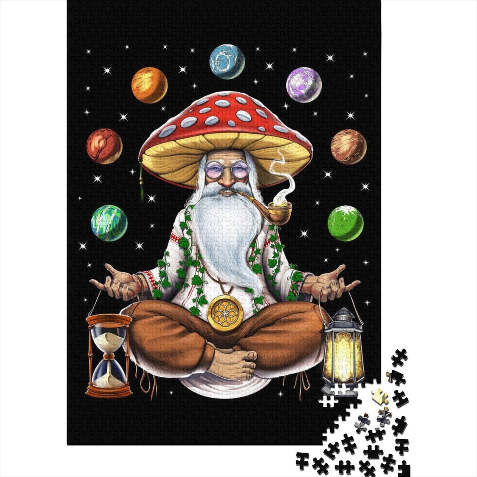 1000 Teile für Erwachsene, schwieriges Puzzle, Hippie-Pilz-Meditation, Holzpuzzle für Erwachsene mit passendem Poster und Infoblatt (75 x 40 cm)