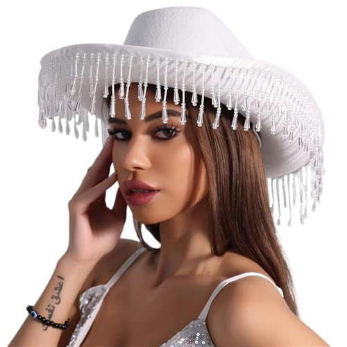 Meiliyizu Westernhut für Damen, Cosplay, Rollkrempe, Hut, Fransen, Strass, Hut, Junggesellinnenabschied, Kopfbedeckung, Zubehör