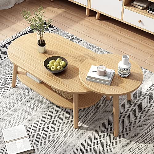 Zusammensetzbarer Couchtisch im 2er-Set, großer ovaler Couchtisch und kleiner runder Beistelltisch mit Ablagefläche, 2-in-1-Sofatisch, Teetisch mit Massivholzbeinen, für Wohnzimmer, Heimbüro, Schlafz